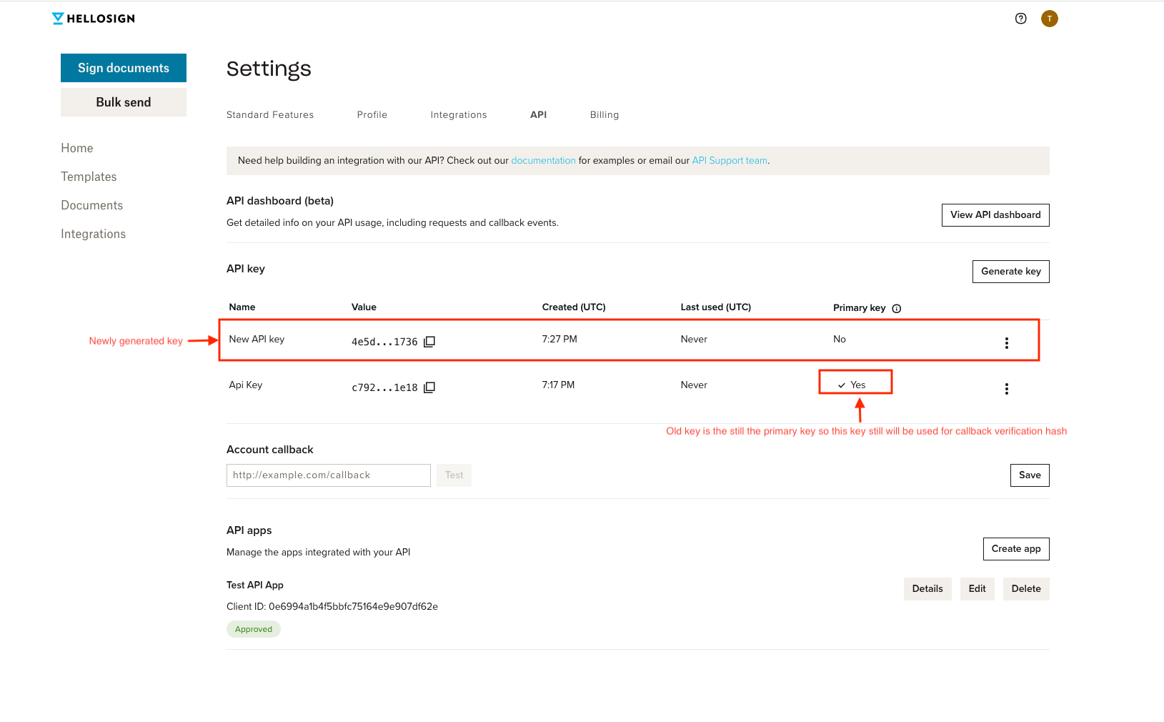 Screenshot showing location of new key on api settings page.