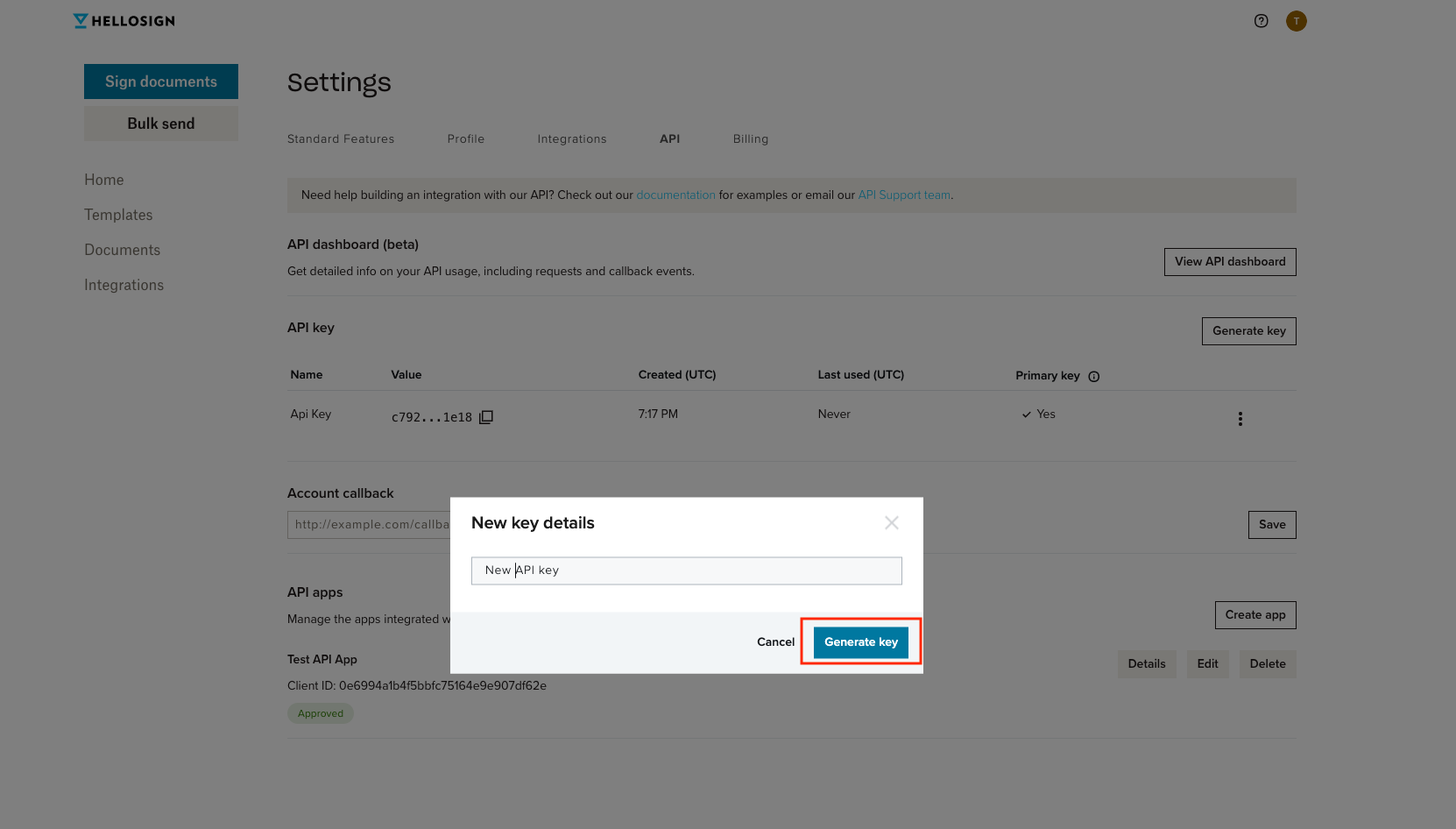 Screenshot of modal to name new key.