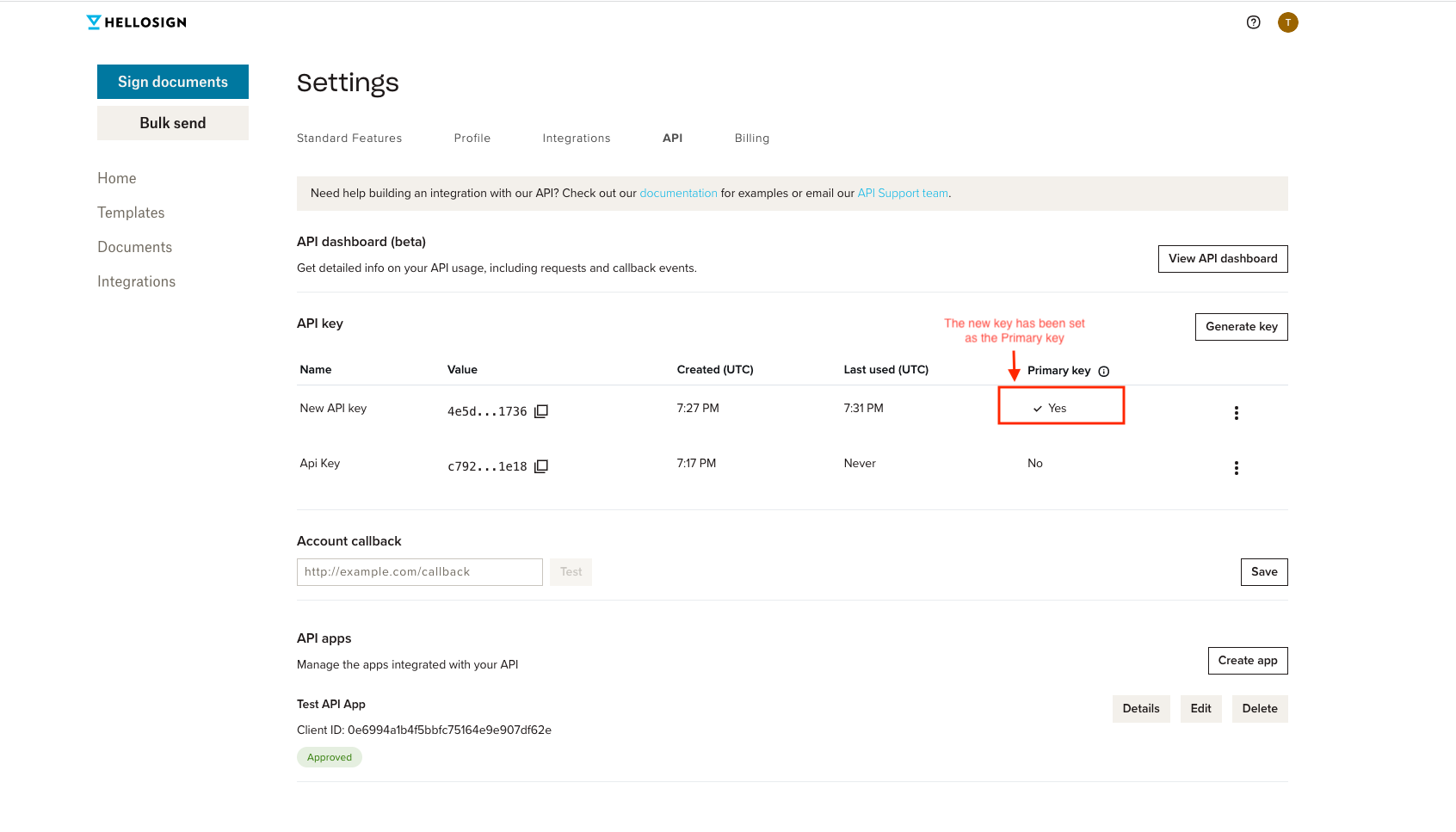 Screenshot showing timestamp of when new primary key as used last.