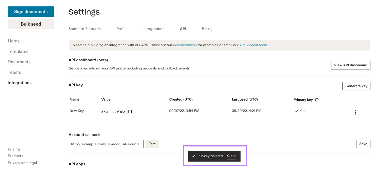 Screenshot showing the api dashboard with a confirmation banner of key being deleted.