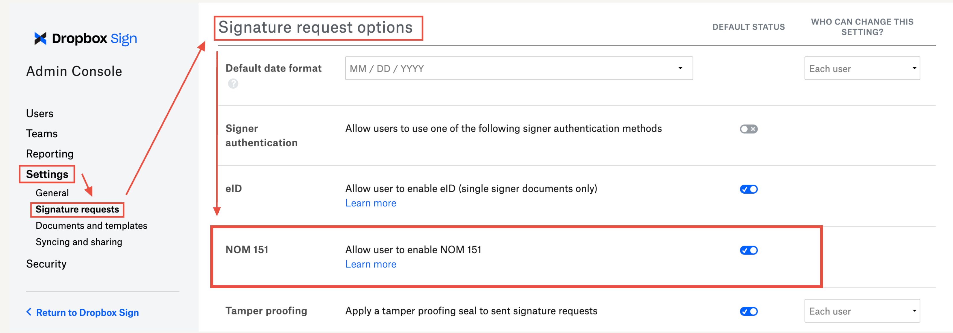 Image of NOM 151 option in Admin Console