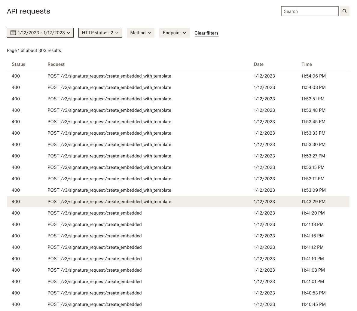 Api requests page with single entry selected