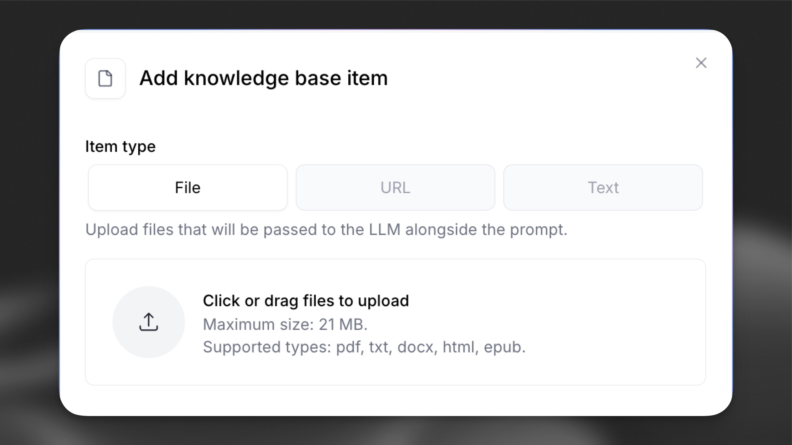 File upload interface showing supported formats (PDF, TXT, DOCX, HTML, EPUB) with a 21MB
size limit