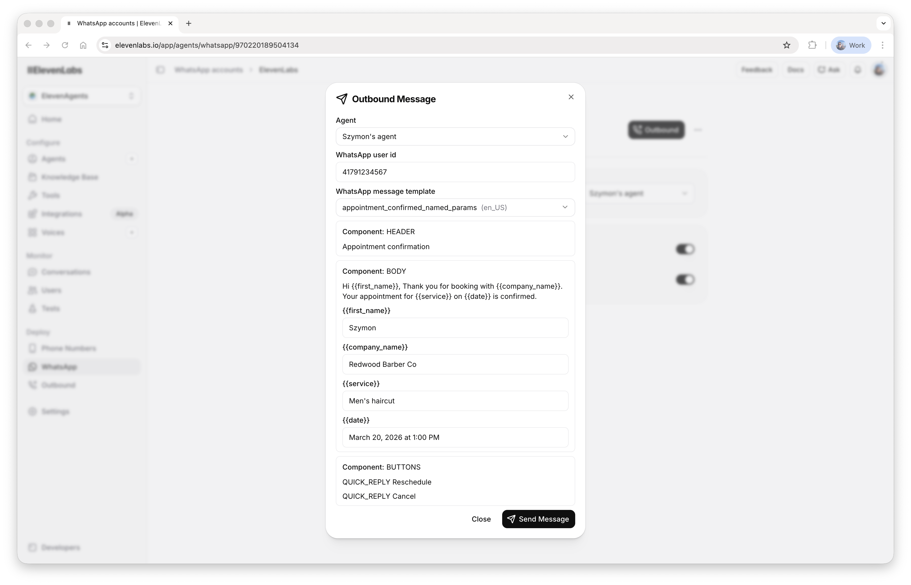 WhatsApp outbound message dialog