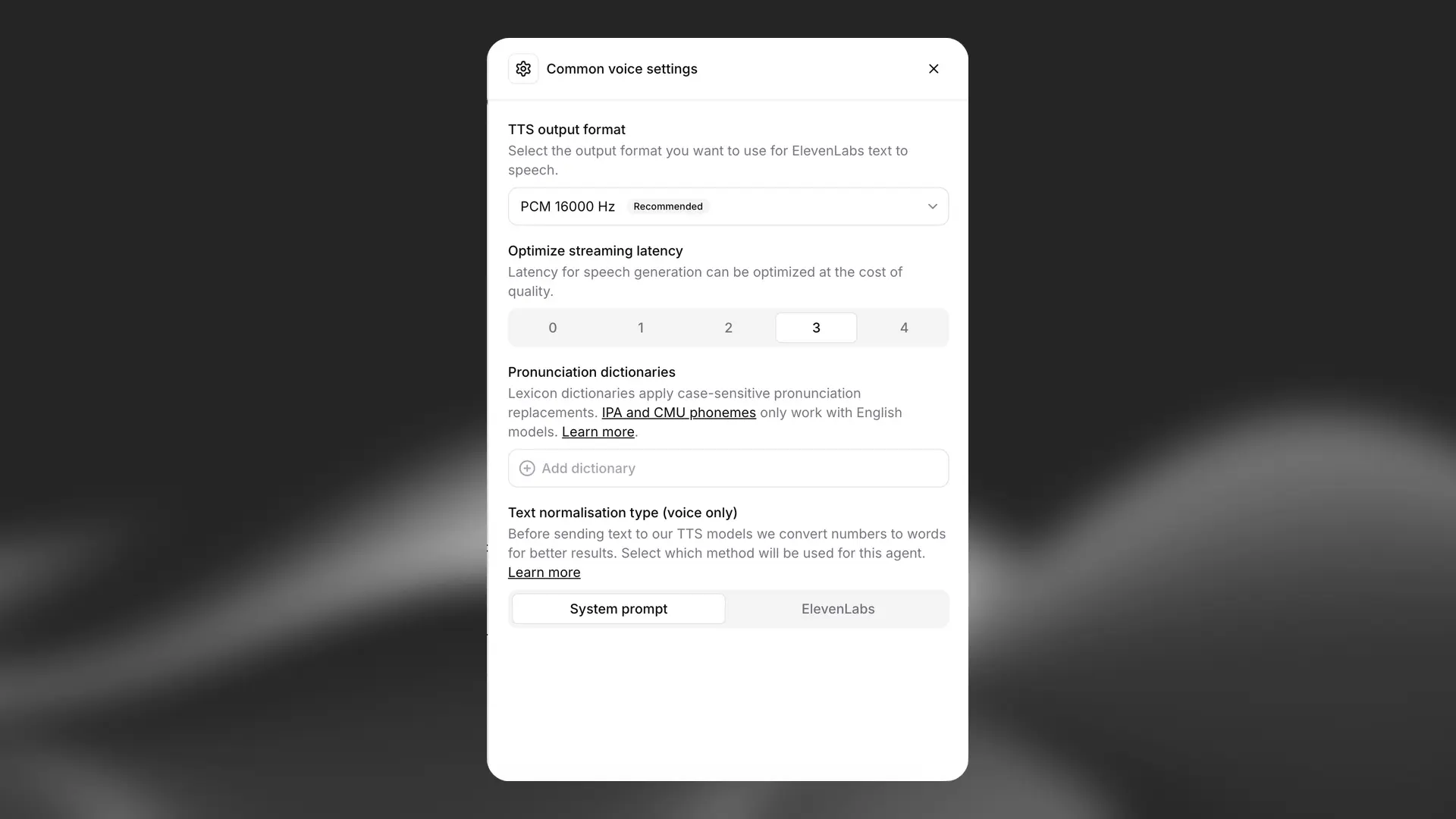 Add a pronunciation dictionary from the agent's voice settings