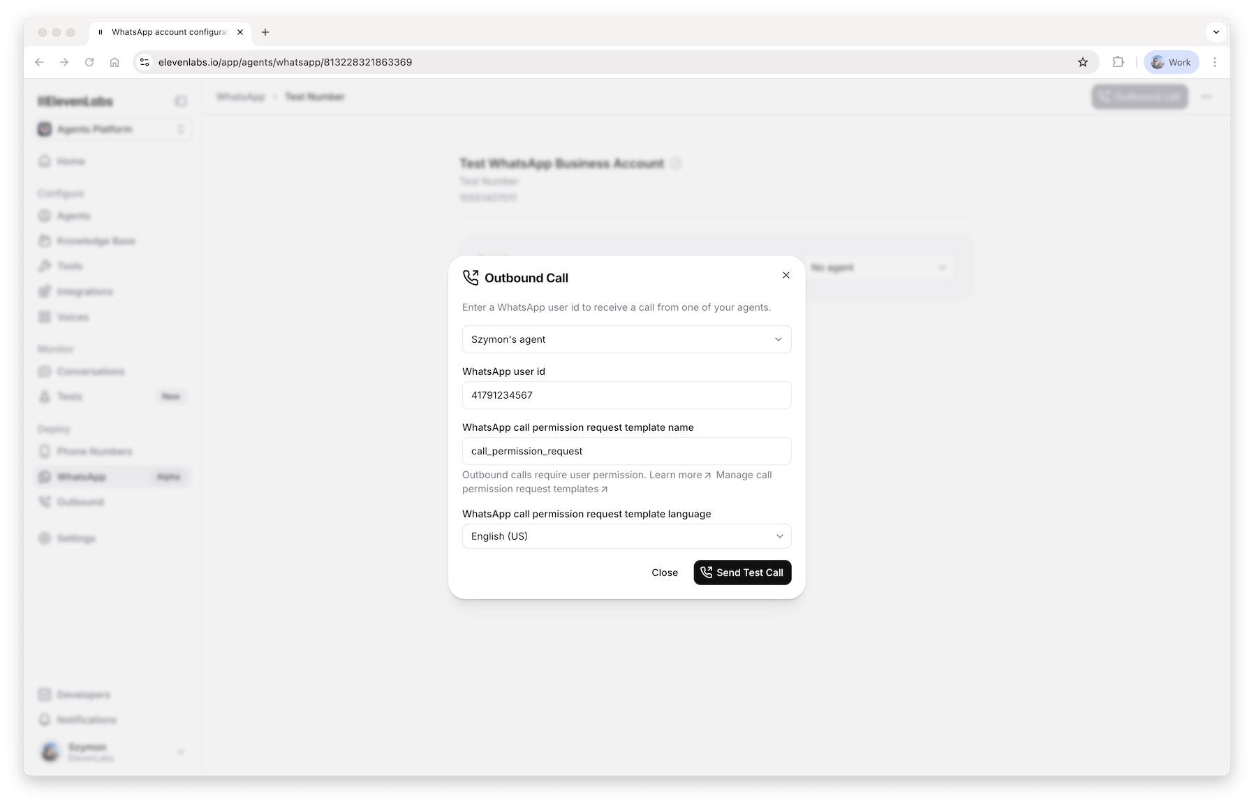WhatsApp outbound call dialog