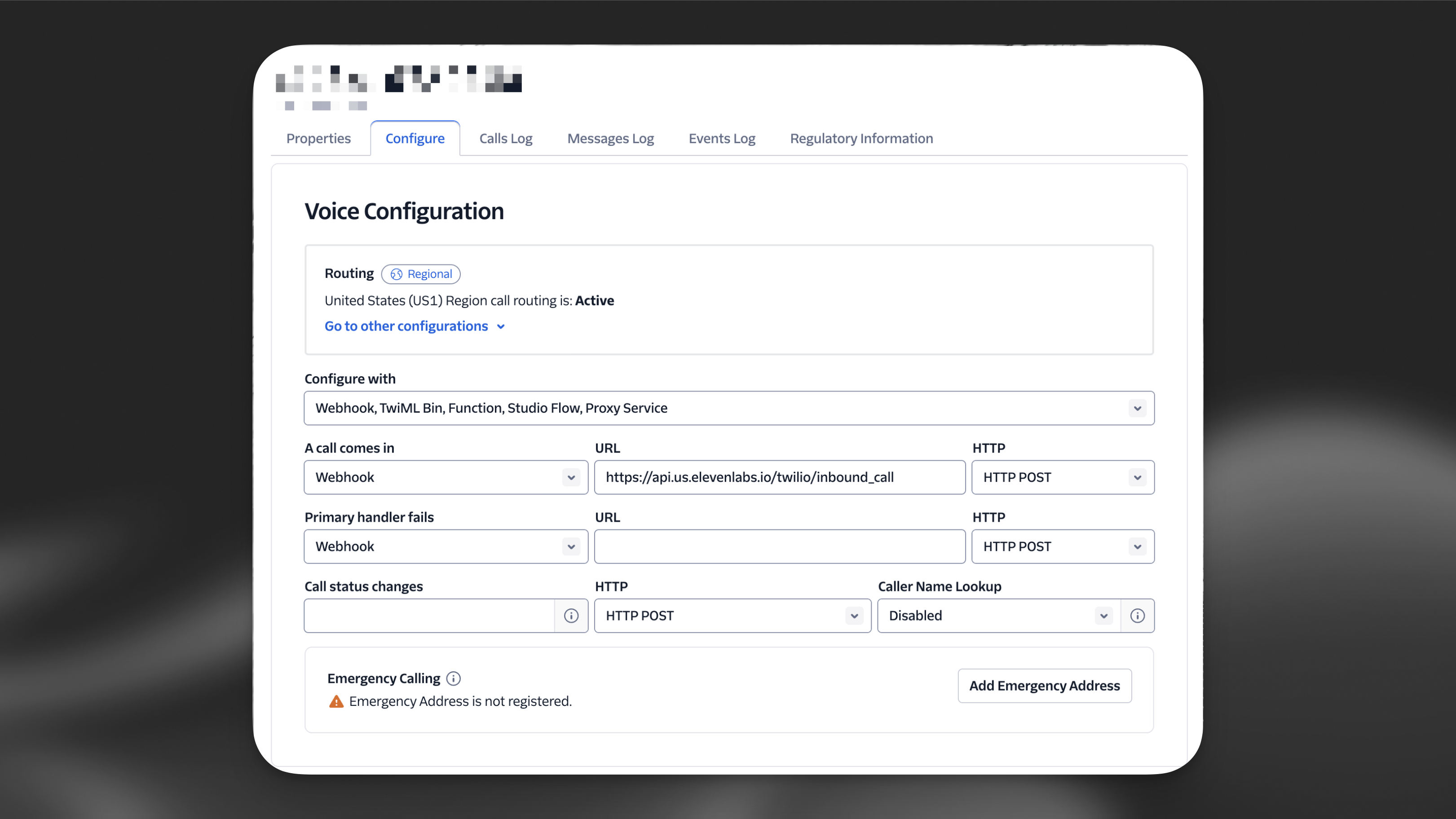 Twilio phone number configuration