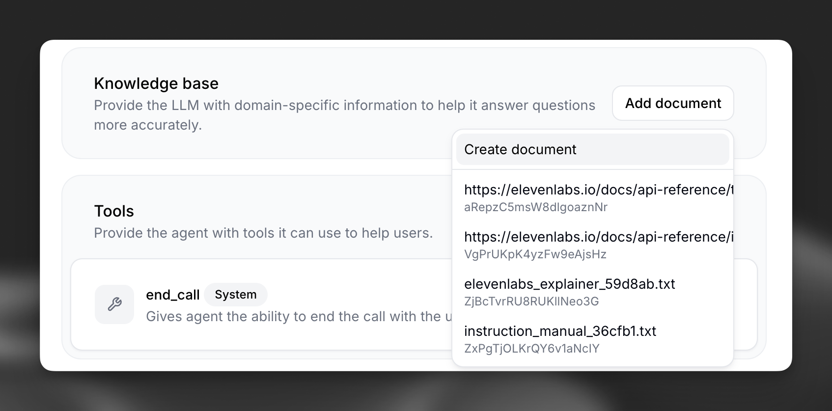 Interface for adding documents to an
agent