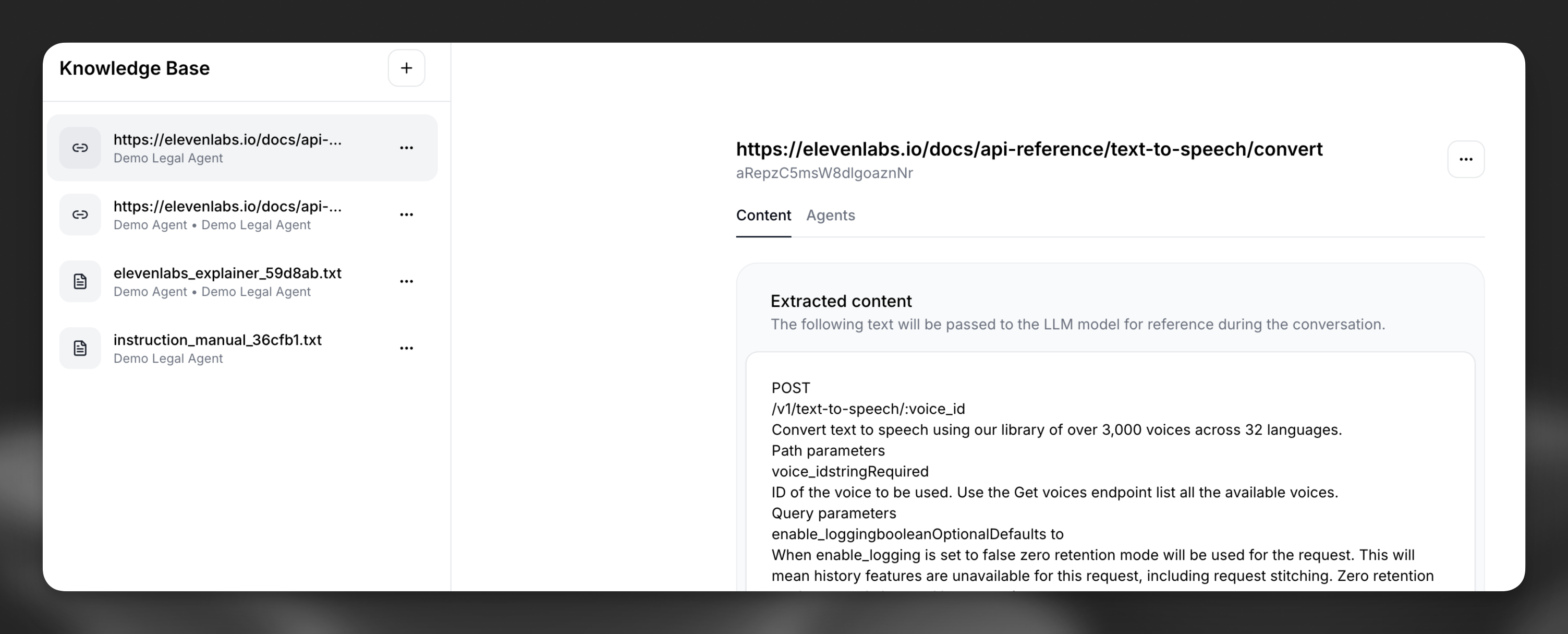 Knowledge base main interface showing list of
documents