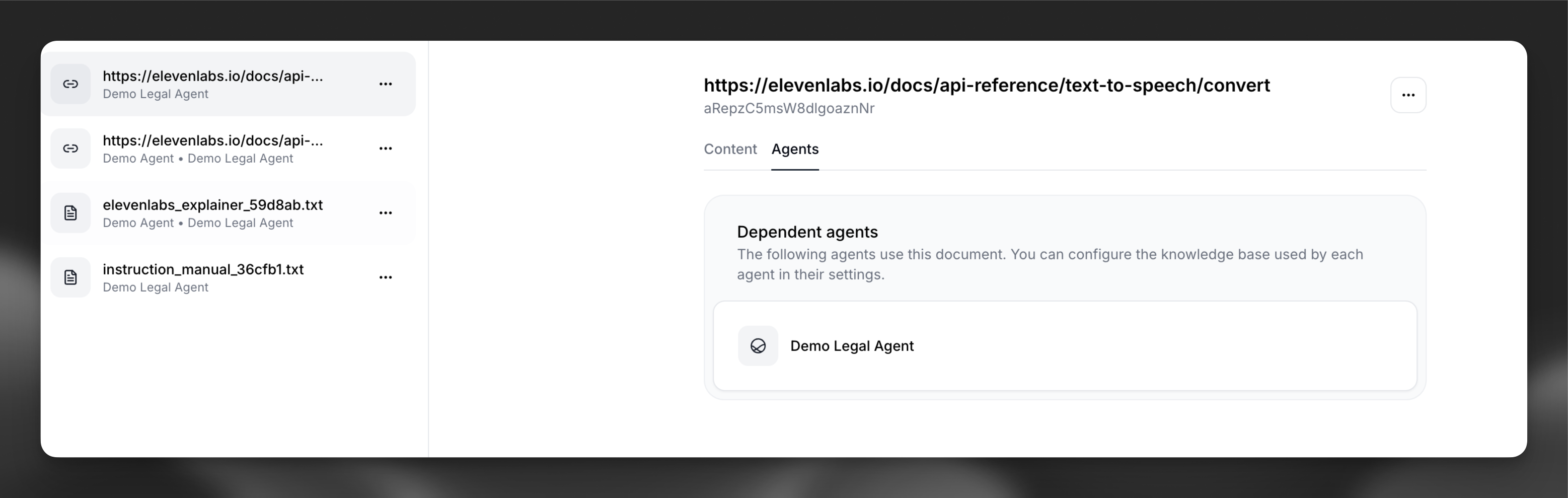 Dependent agents tab showing which agents use a
document