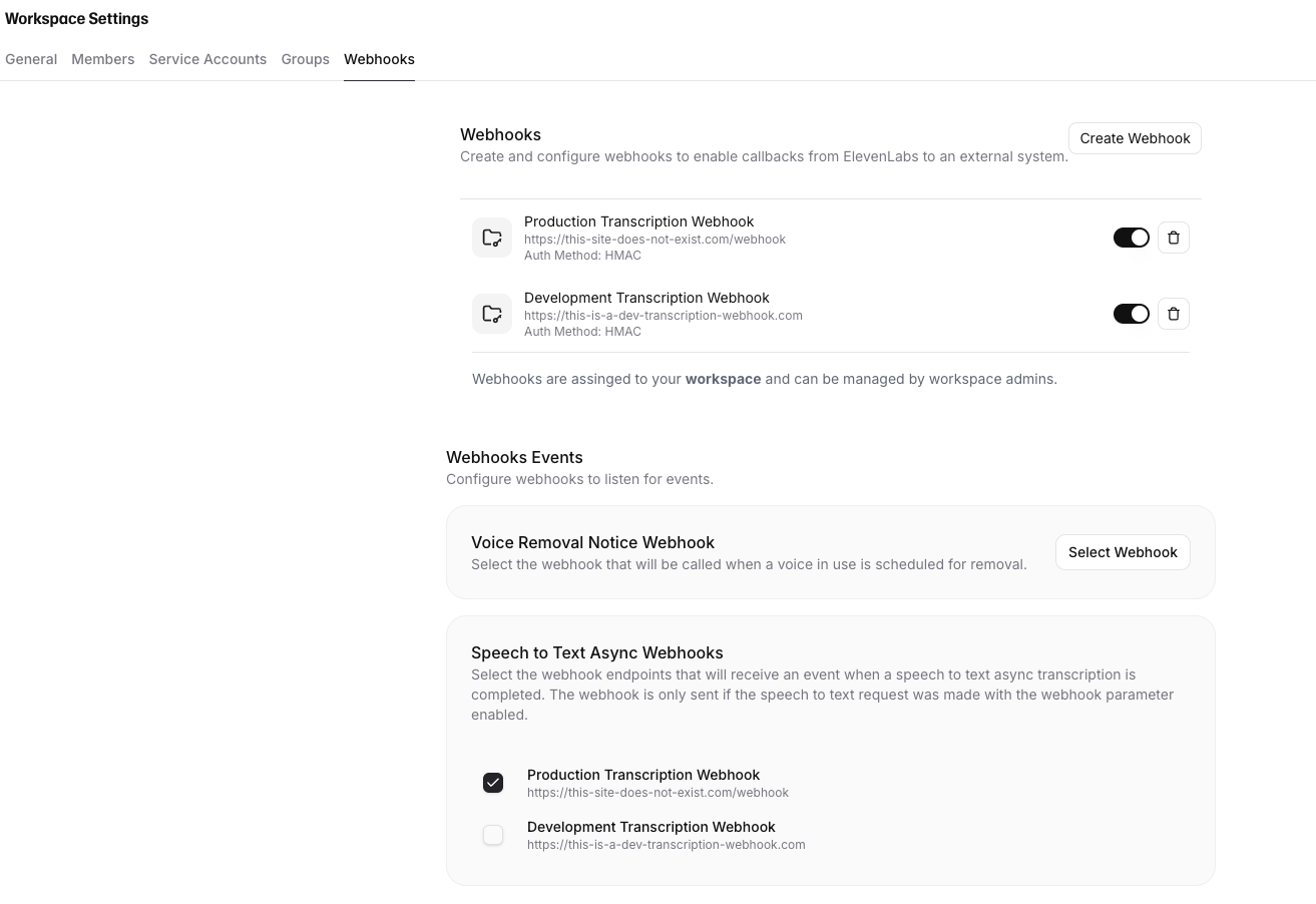Webhook association interface