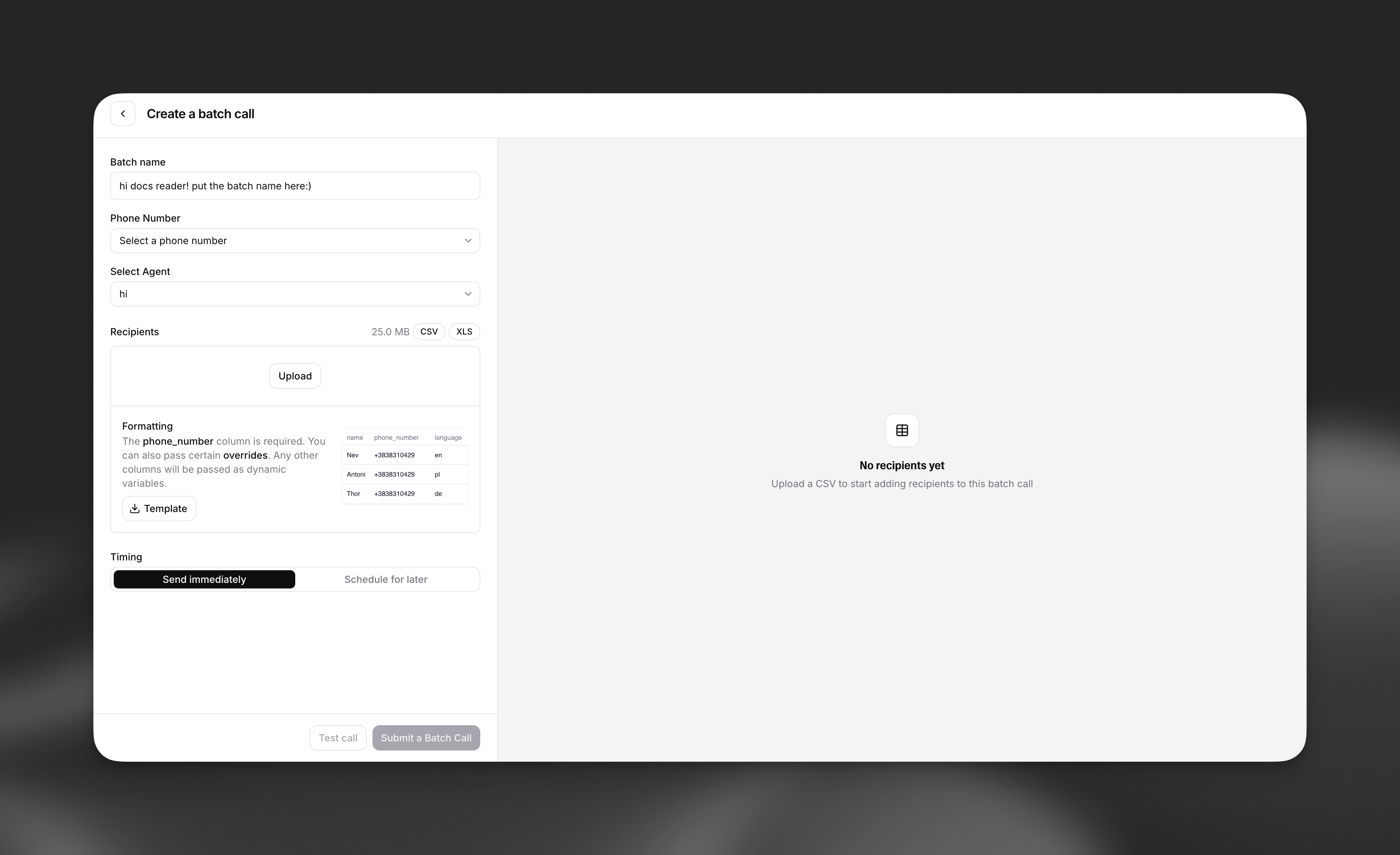 Create a batch call page showing fields for batch name, phone number, agent selection, recipient upload, and timing options.