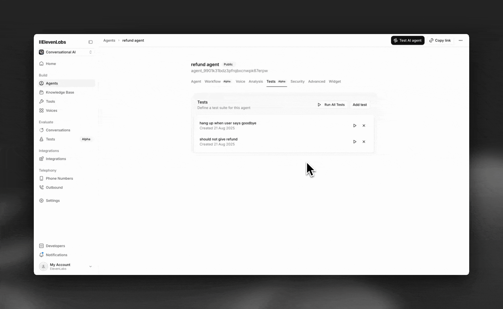Running tests on an agent