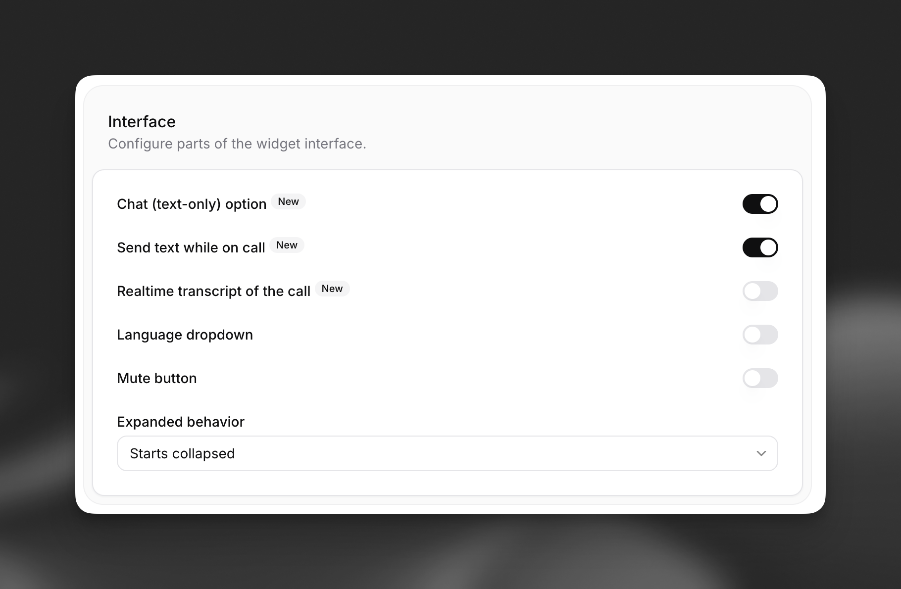 Widget interface options