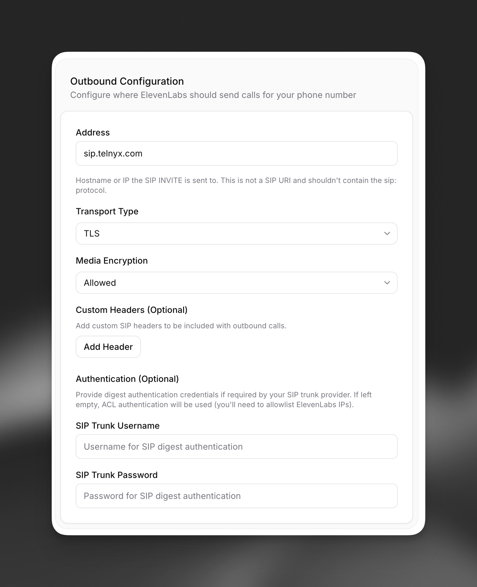 SIP trunk outbound configuration
