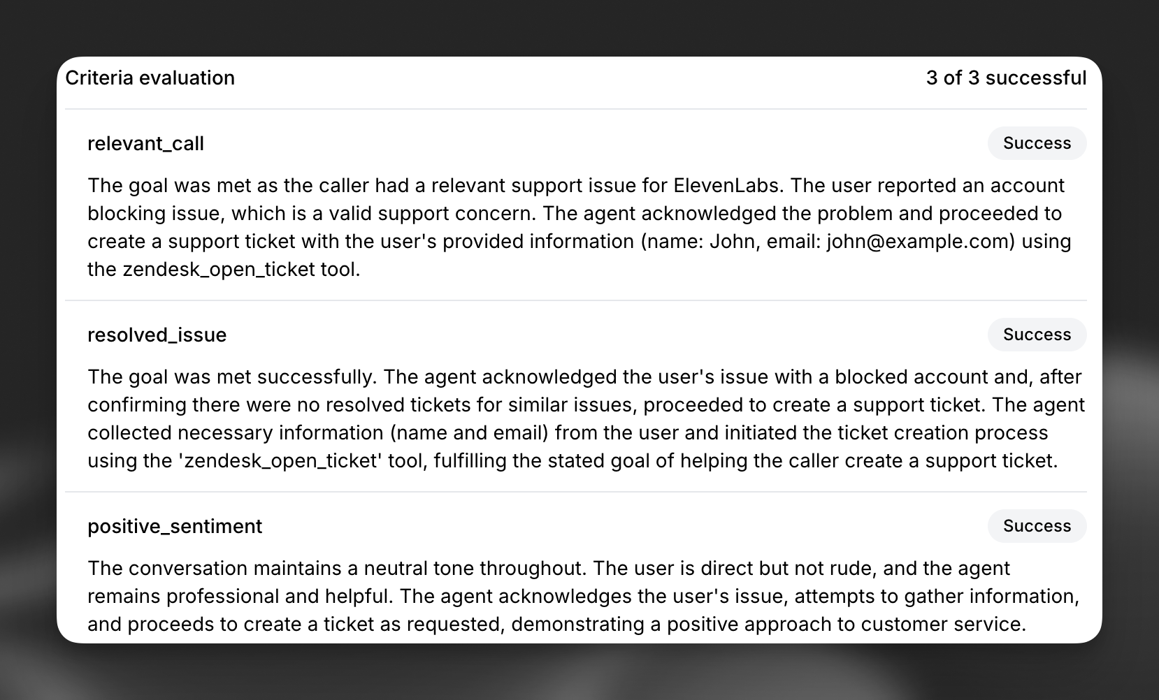 Evaluation criteria for support interactions
