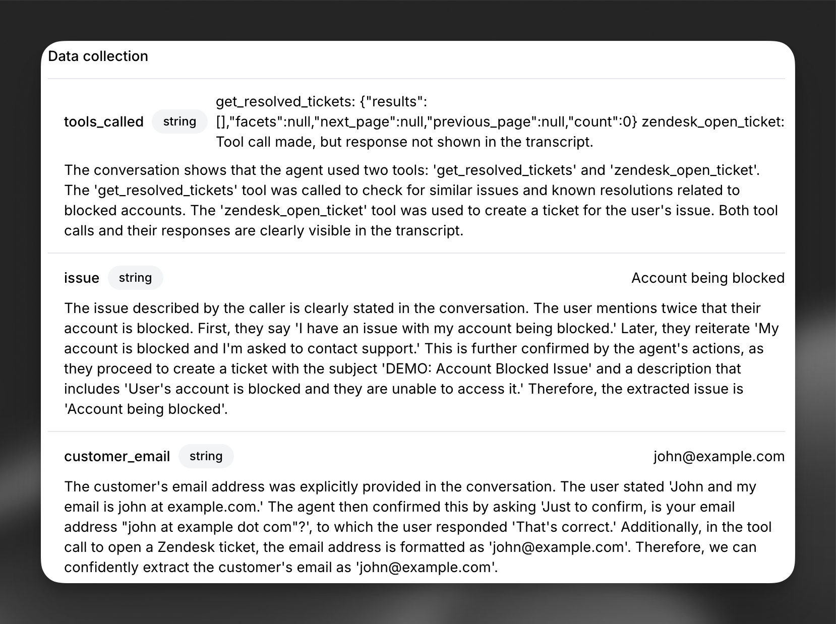 Data collection parameters from conversation transcripts
