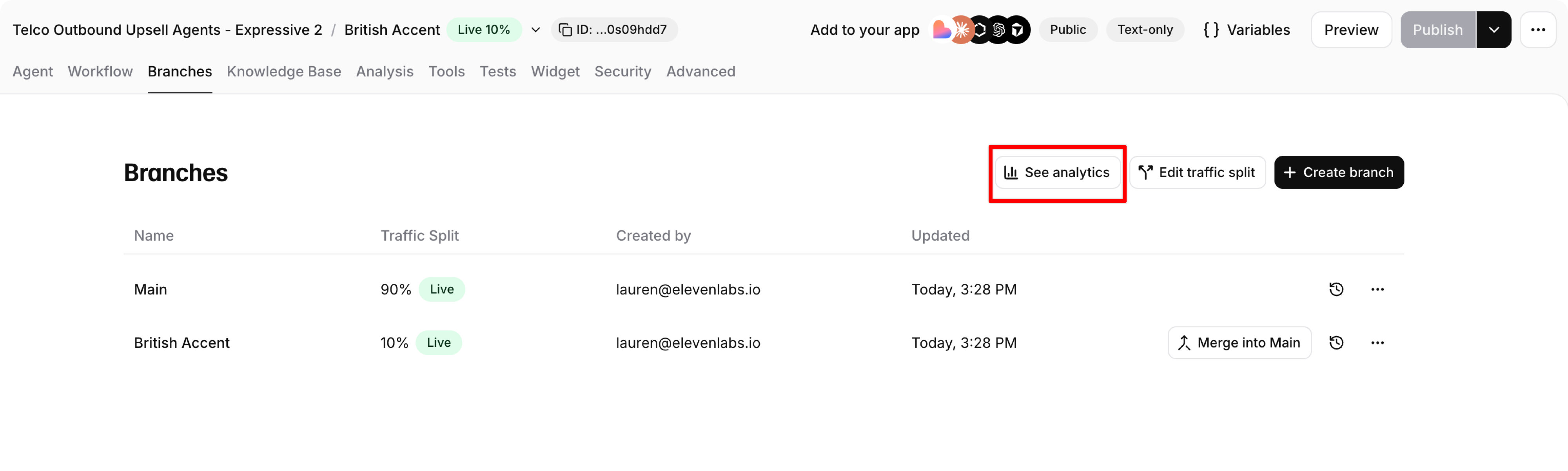 Branches panel showing main and variant branches with traffic split and merge options