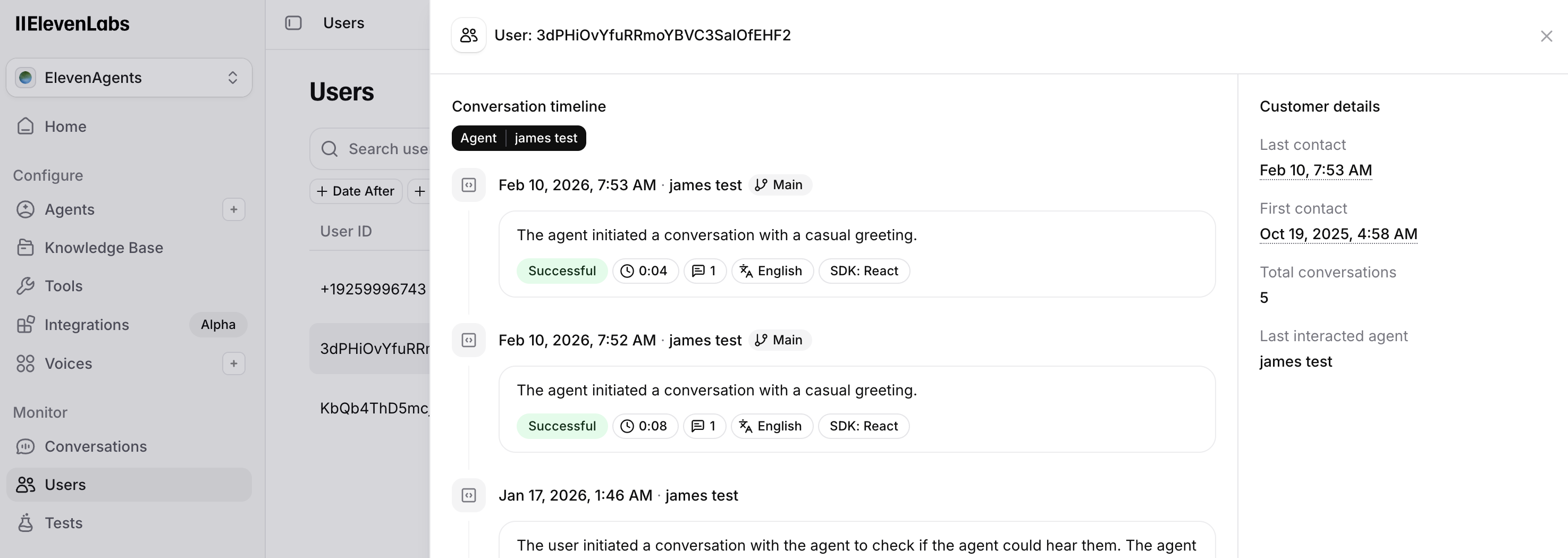 Users page showing the user list and a selected user's
conversations