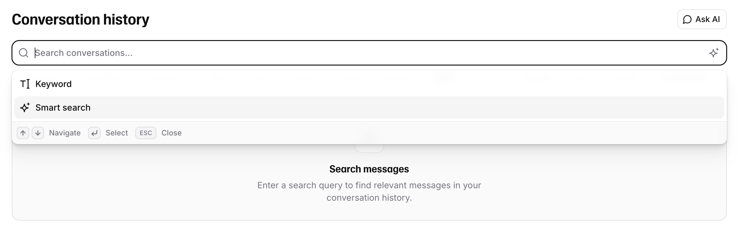 Conversation history search field with the search mode menu
open