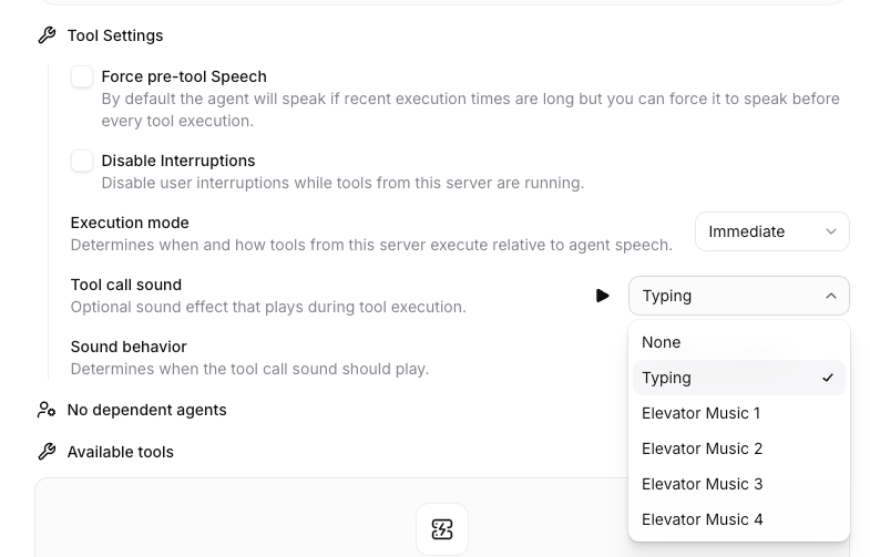 tool call sound integrations dropdown