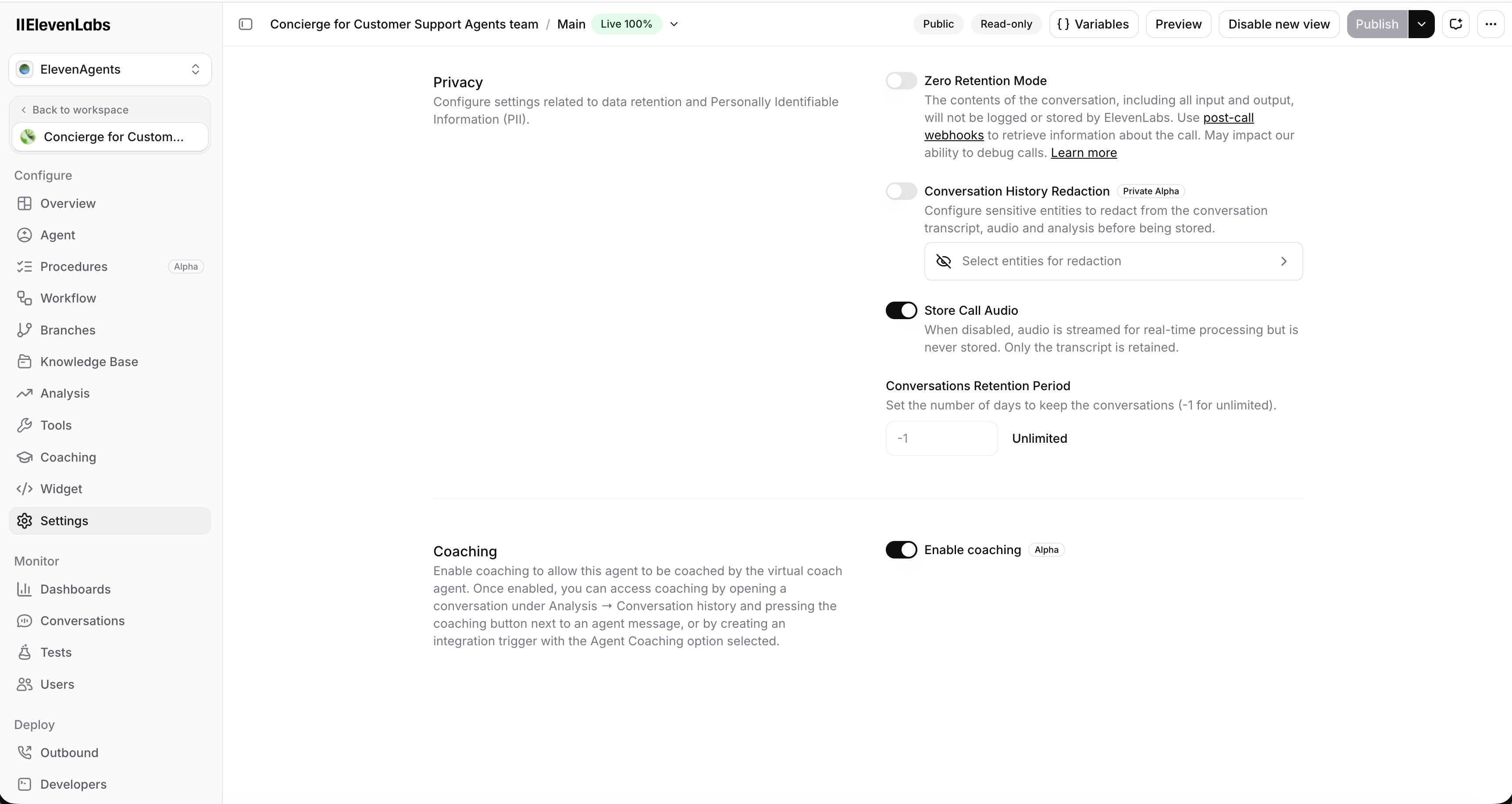 Coaching toggle in agent Advanced settings