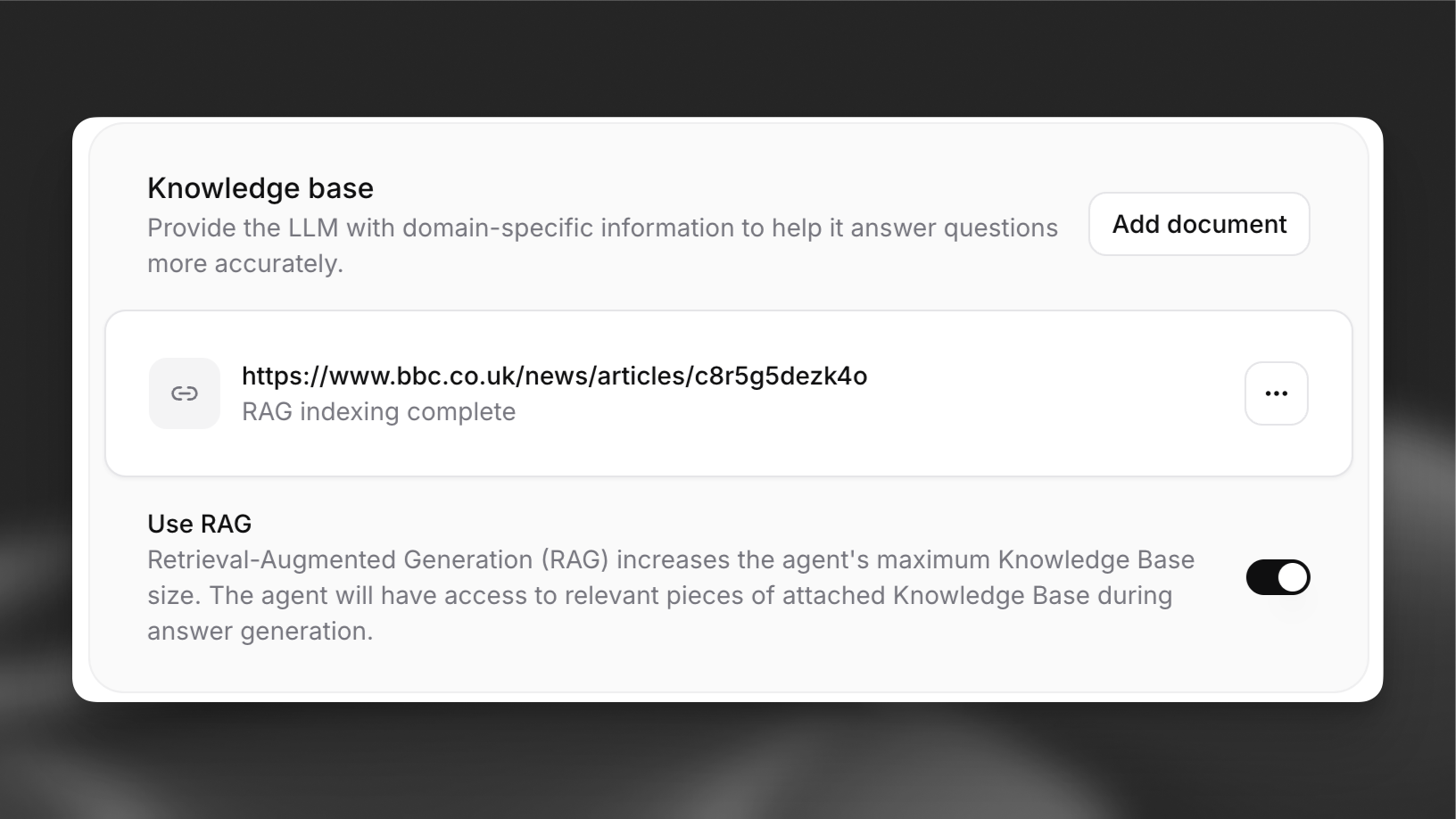 Toggle switch to enable RAG in the agent settings