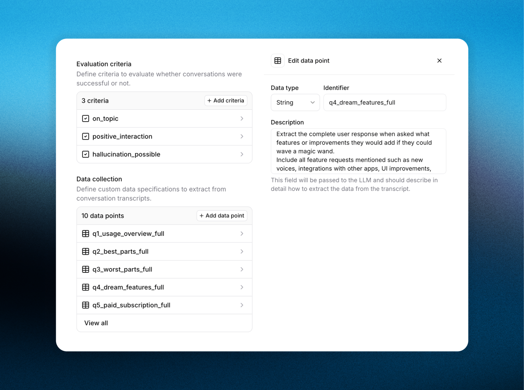 Analysis and data collection UI