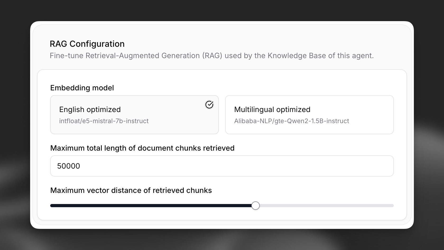 RAG configuration options including embedding model selection