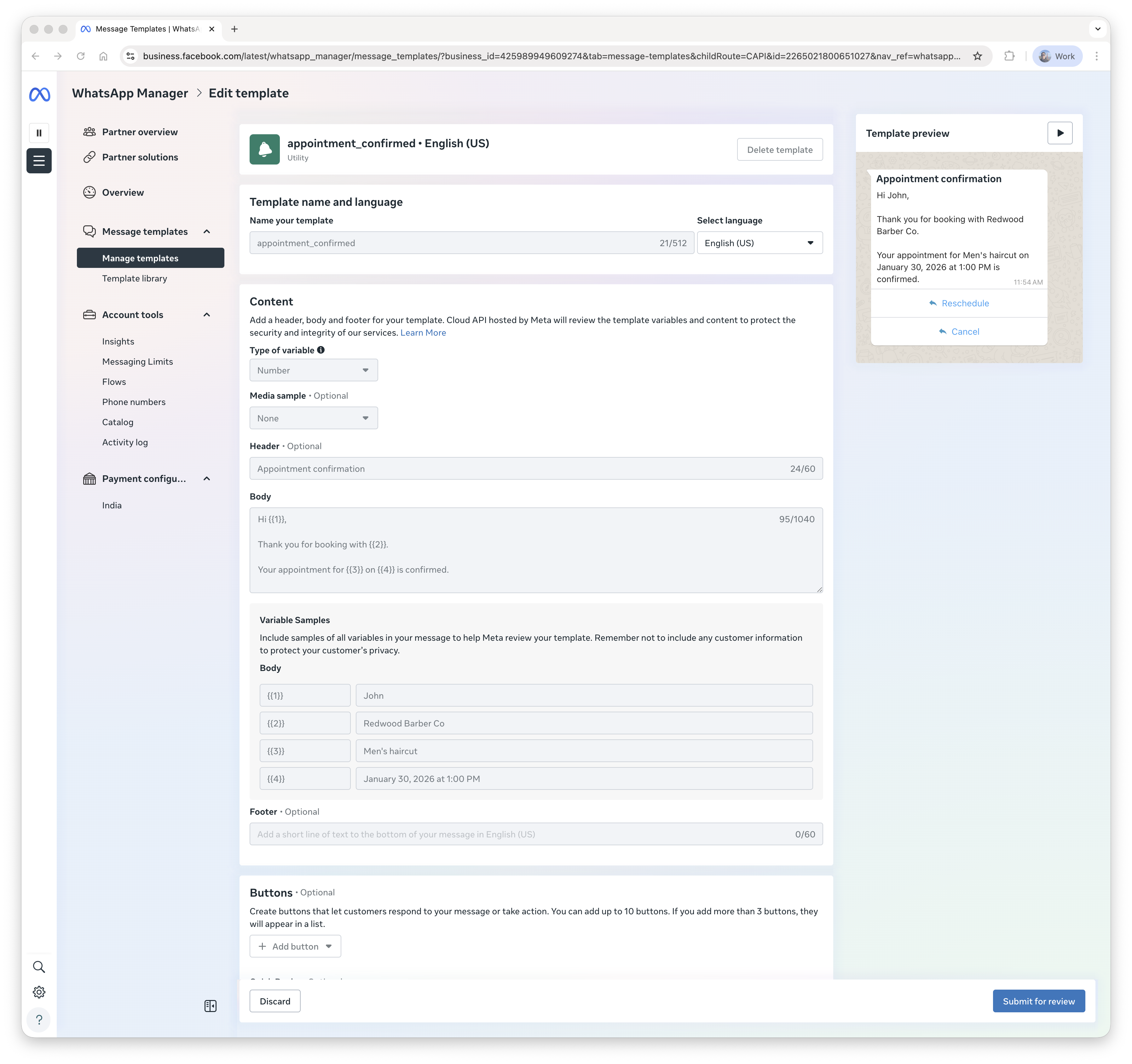 WhatsApp message template
