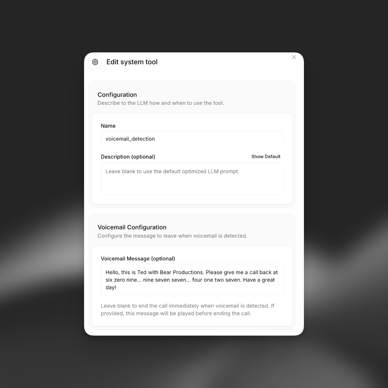 Voicemail detection configuration
interface