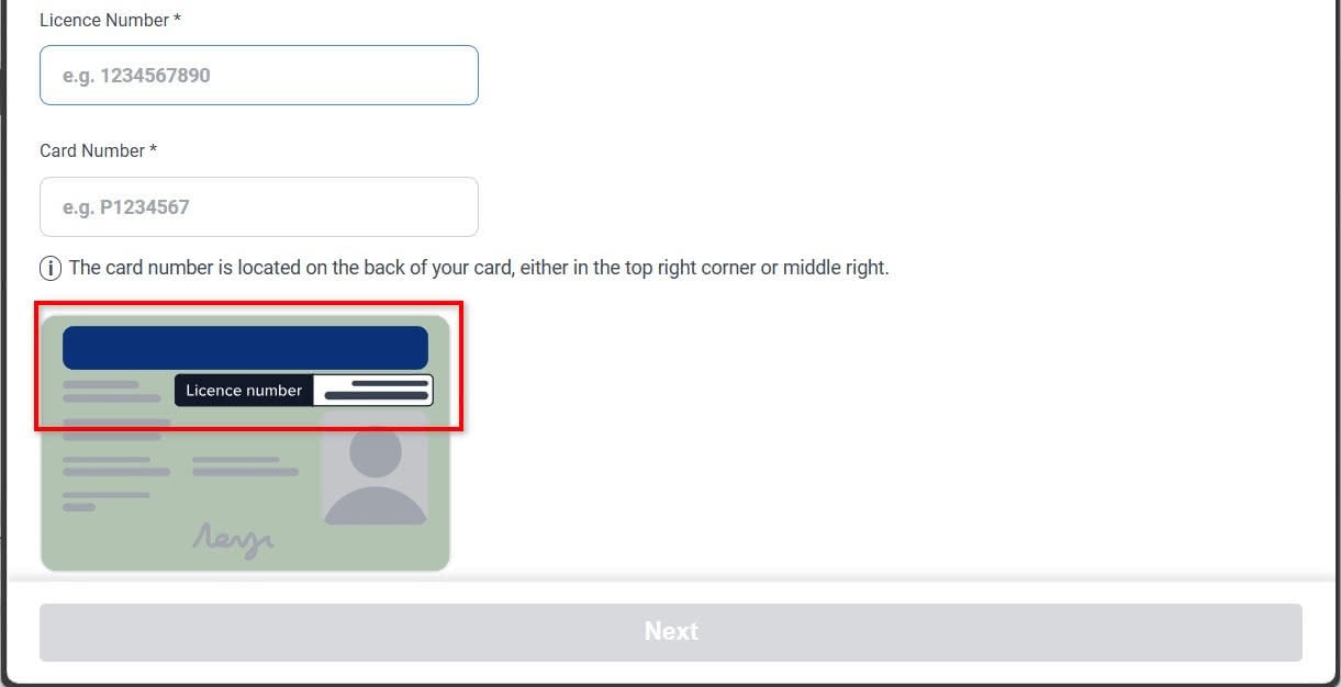 Sample card updated with visual cues for licence number location.