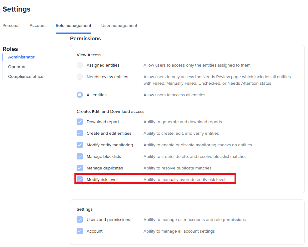 Role management tab