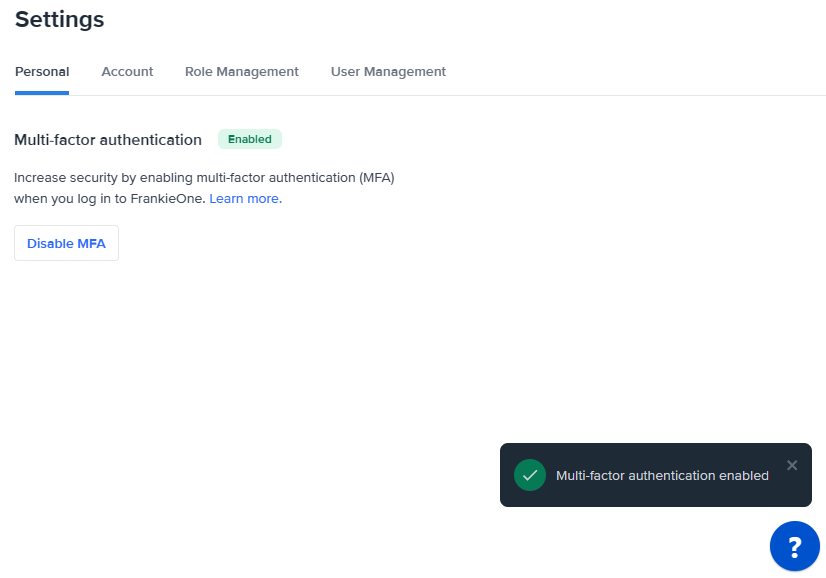 Pop-up notification when MFA is enabled.