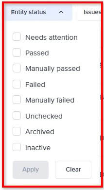 Entity status dropdown menu.