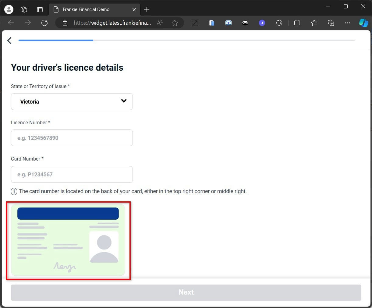 Driver's licence details entry form with sample card.