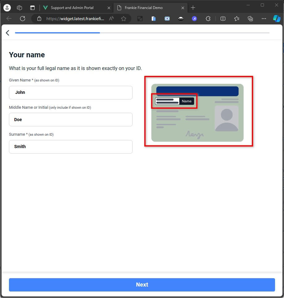 Screenshot showing the location of the sample card and location of full legal name.