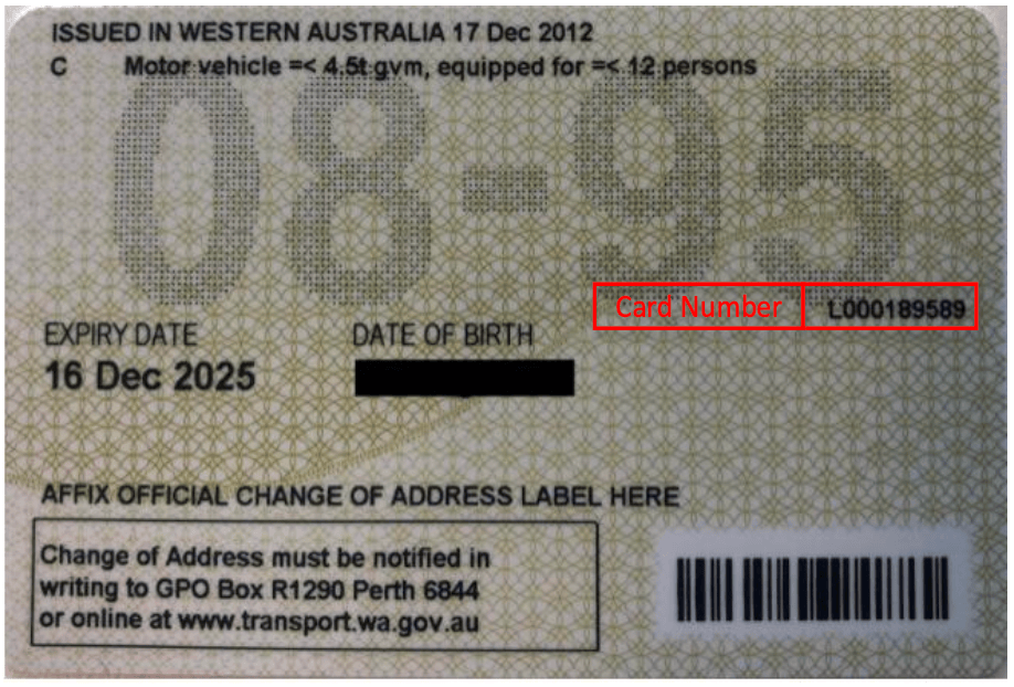 Western Australia Driver Licence sample - back