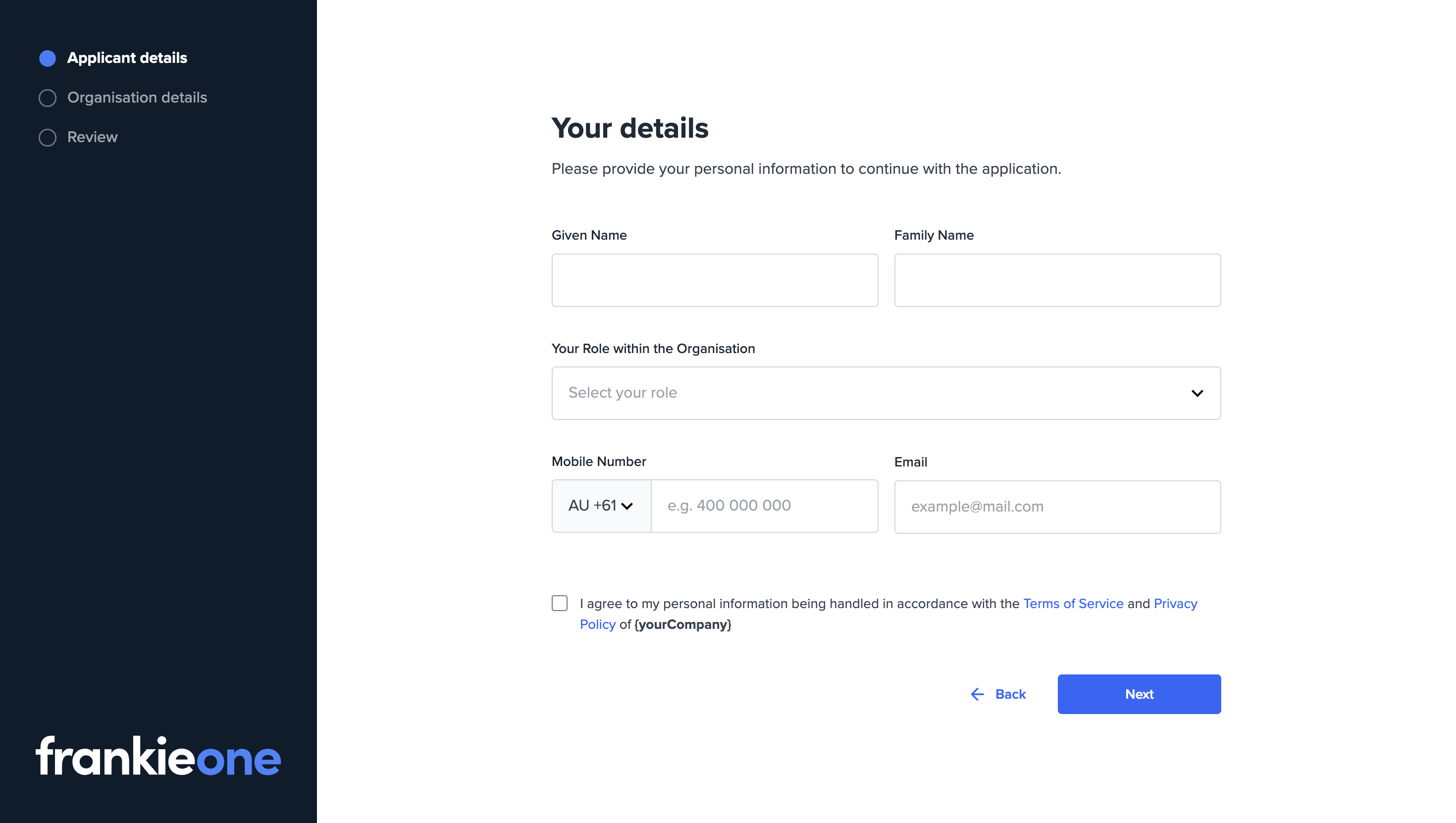Applicant details page