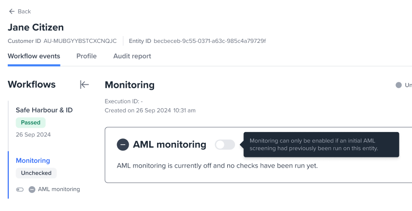A user tried to toggle on monitoring but the onboarding workflow does not have AML.