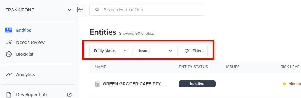 Filtering options for entities.