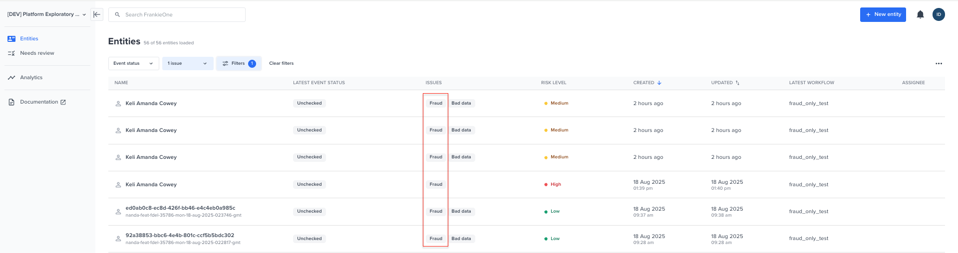 Filter the entities table for Fraud issues