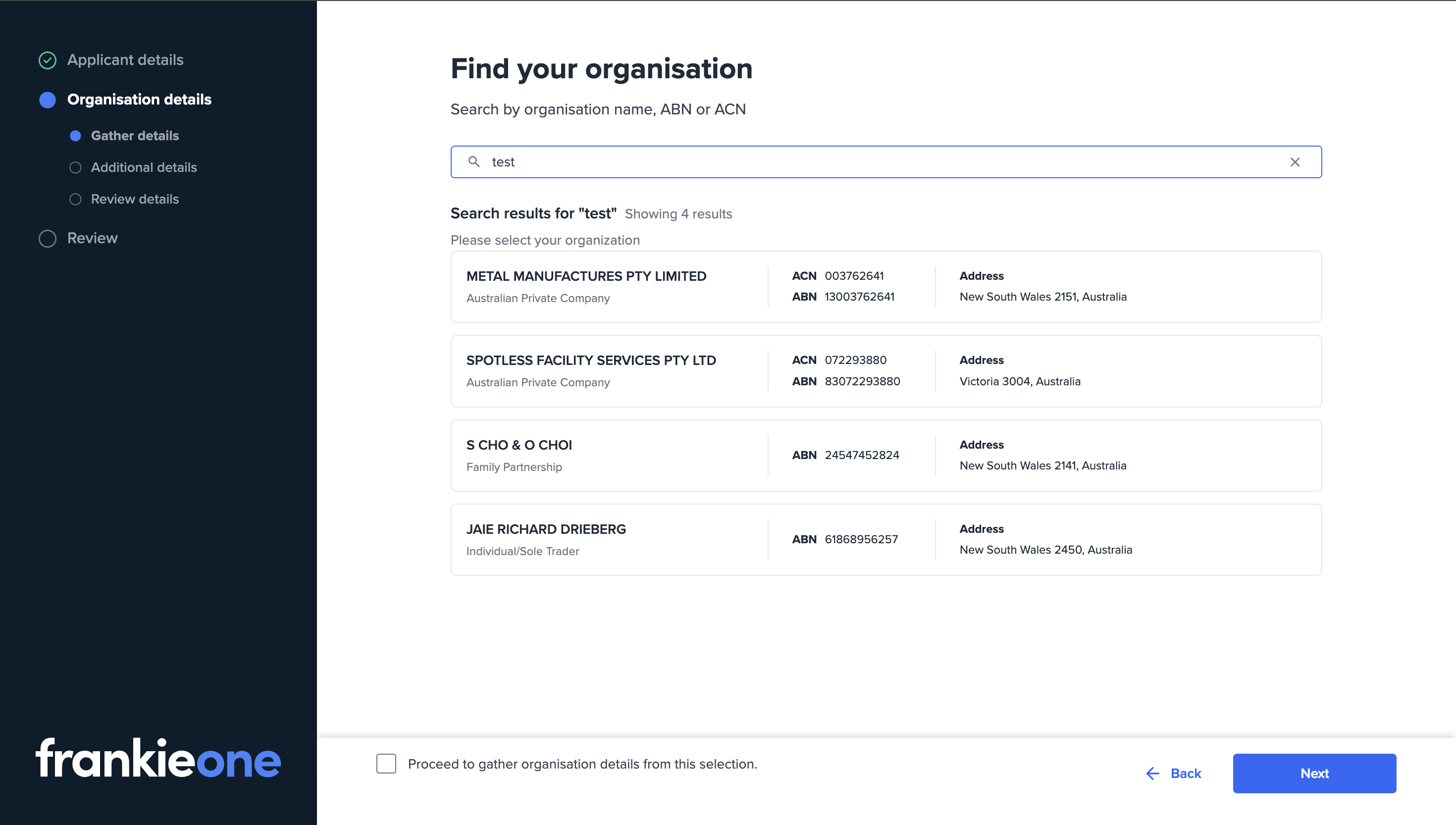 Organisation lookup page