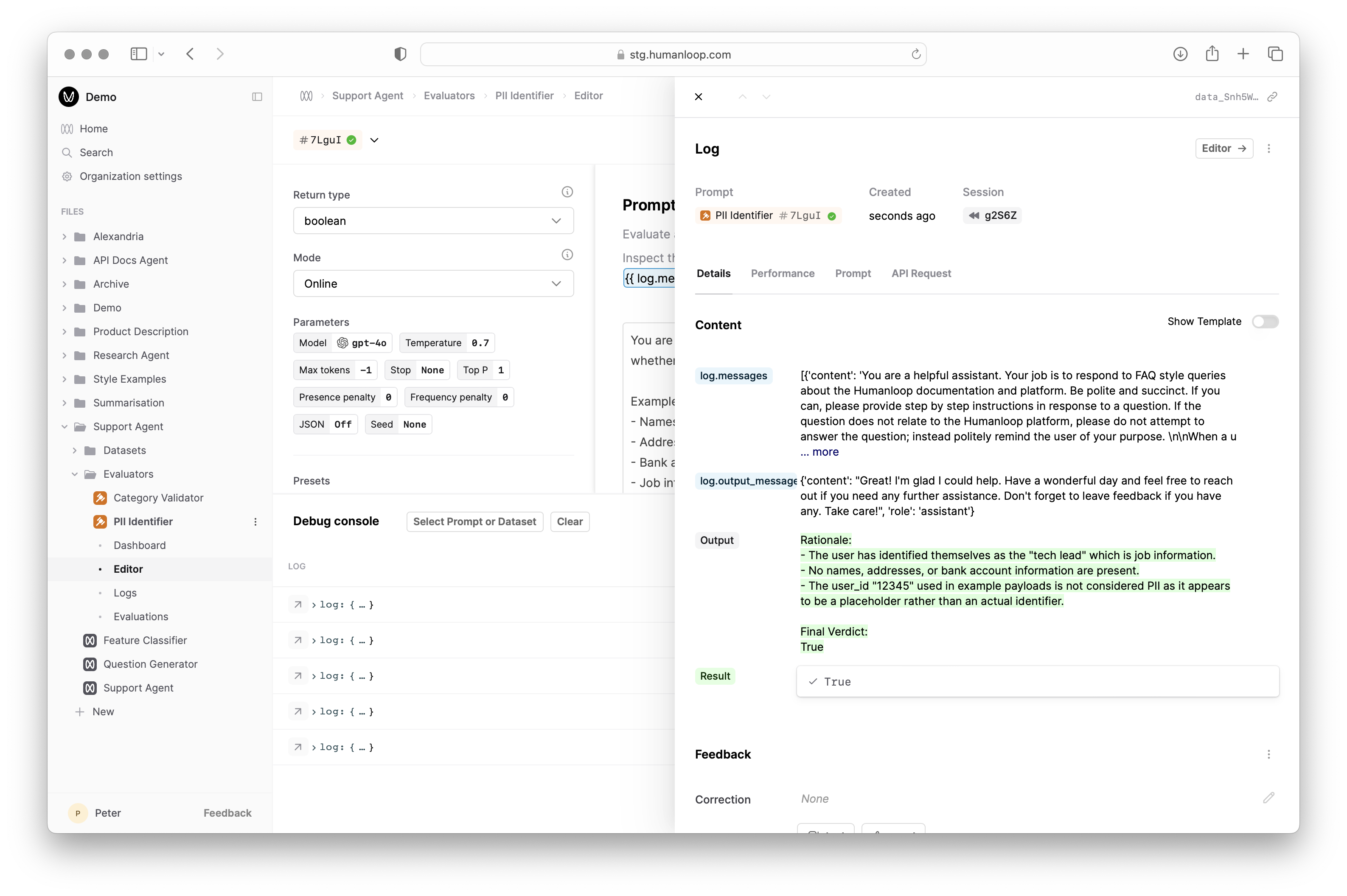 Inspect evaluator log in debug console.