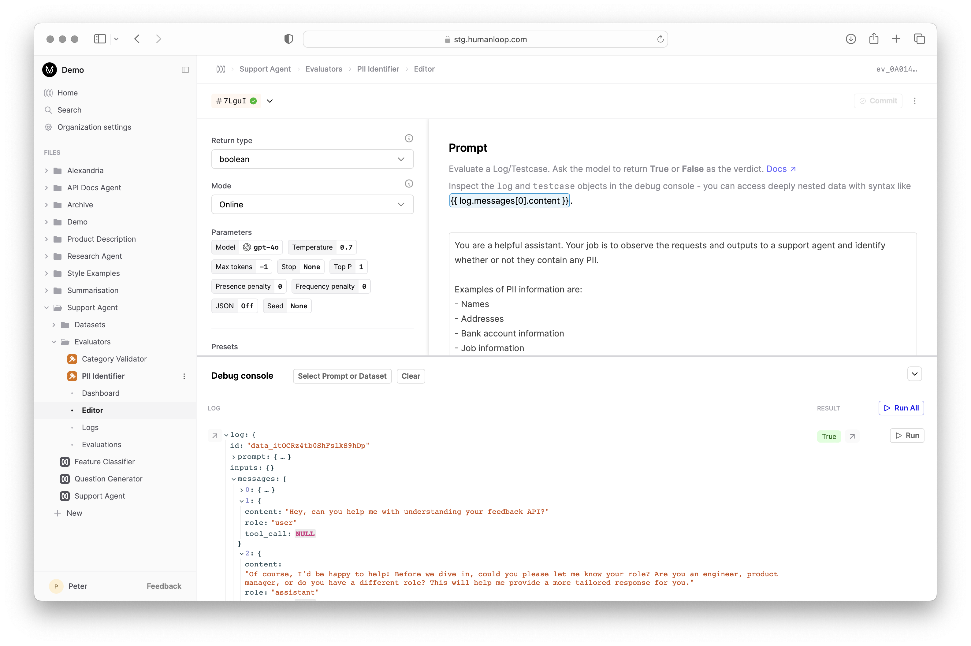 The debug console for testing the Evaluator Prompt.