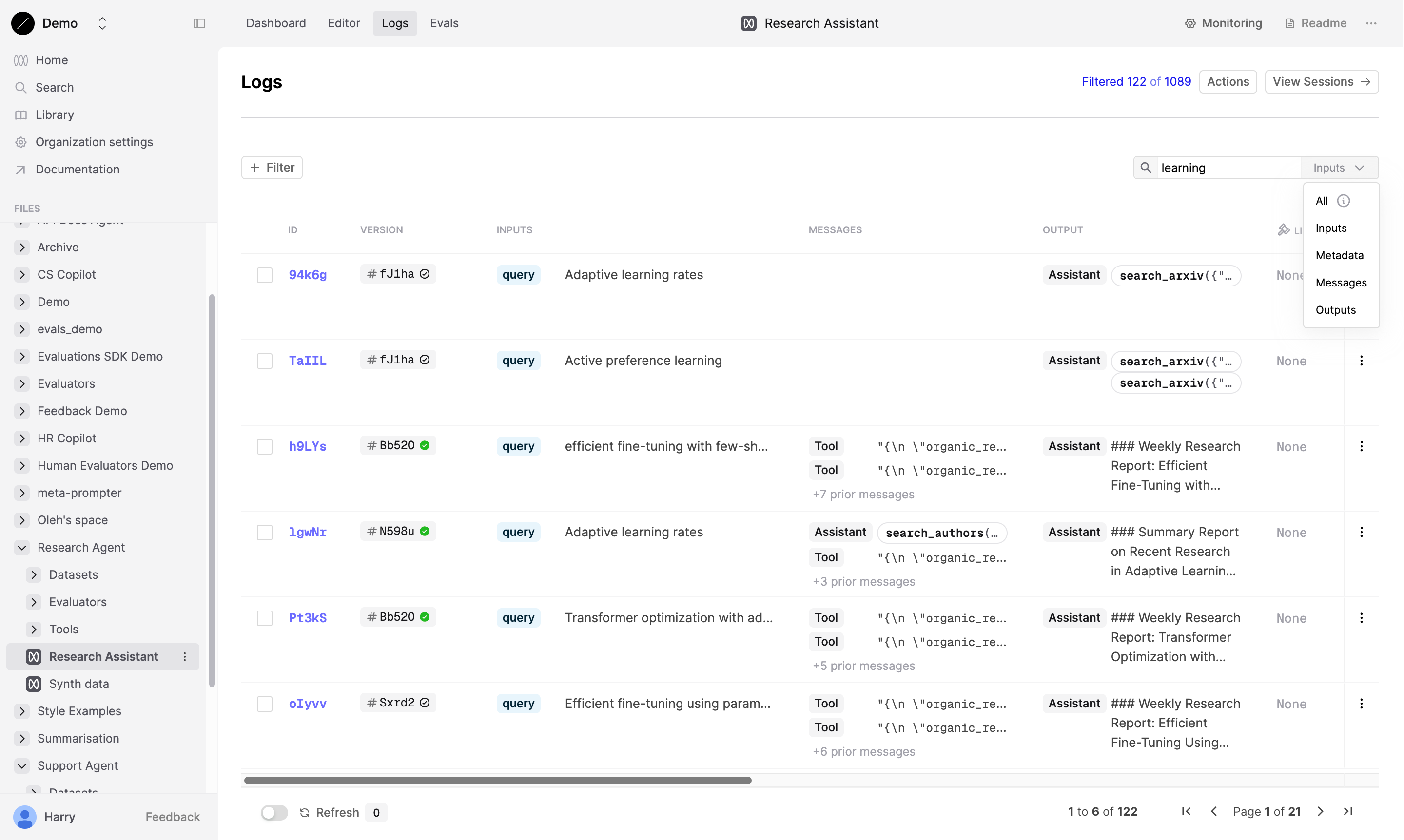 Search bar above the Logs table