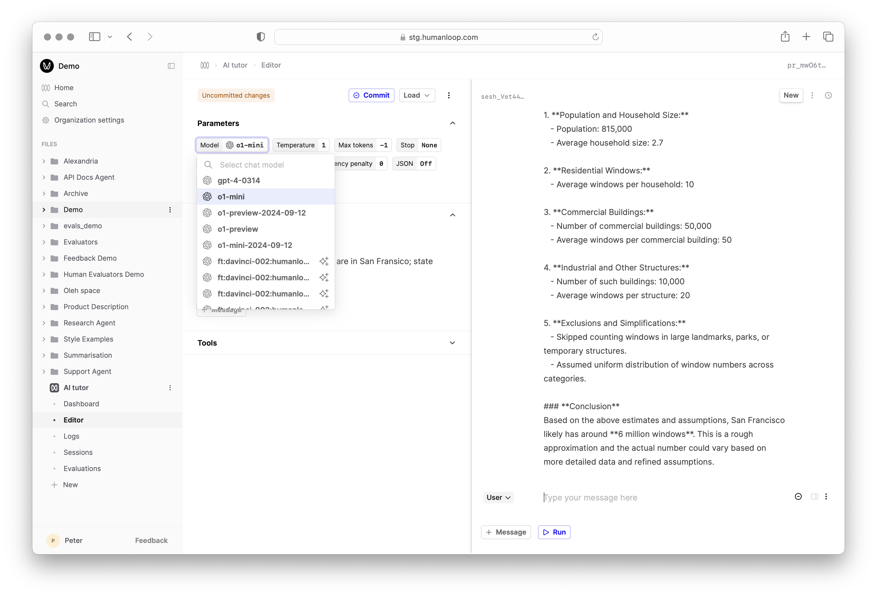 o1 in the Humanloop Editor