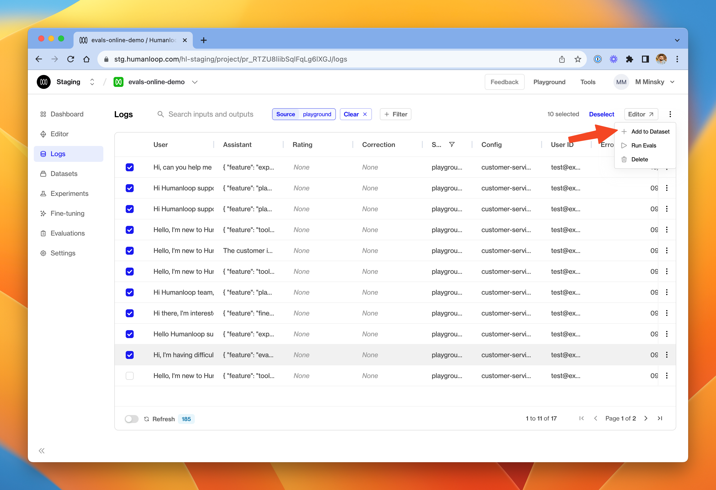 Creating test datapoints from a selection of existing project datapoints.