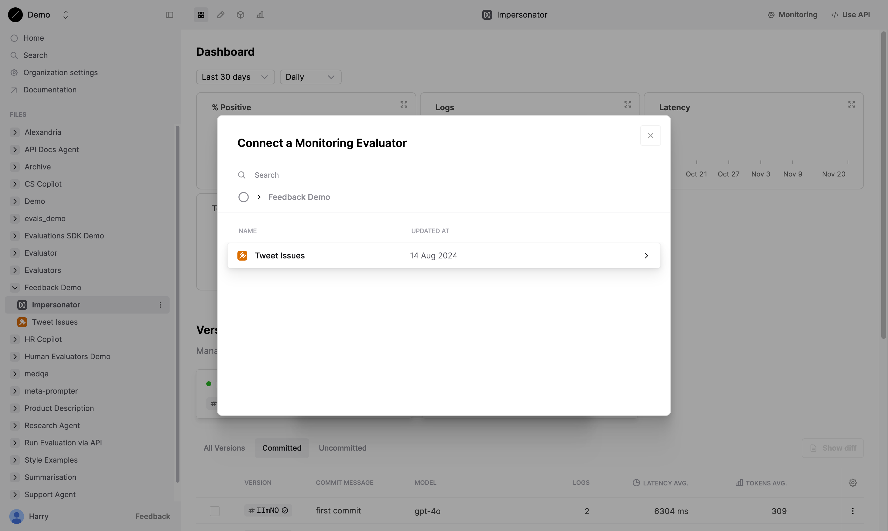 Dialog connecting the "Tweet Issues" Evaluator as a Monitoring Evaluator