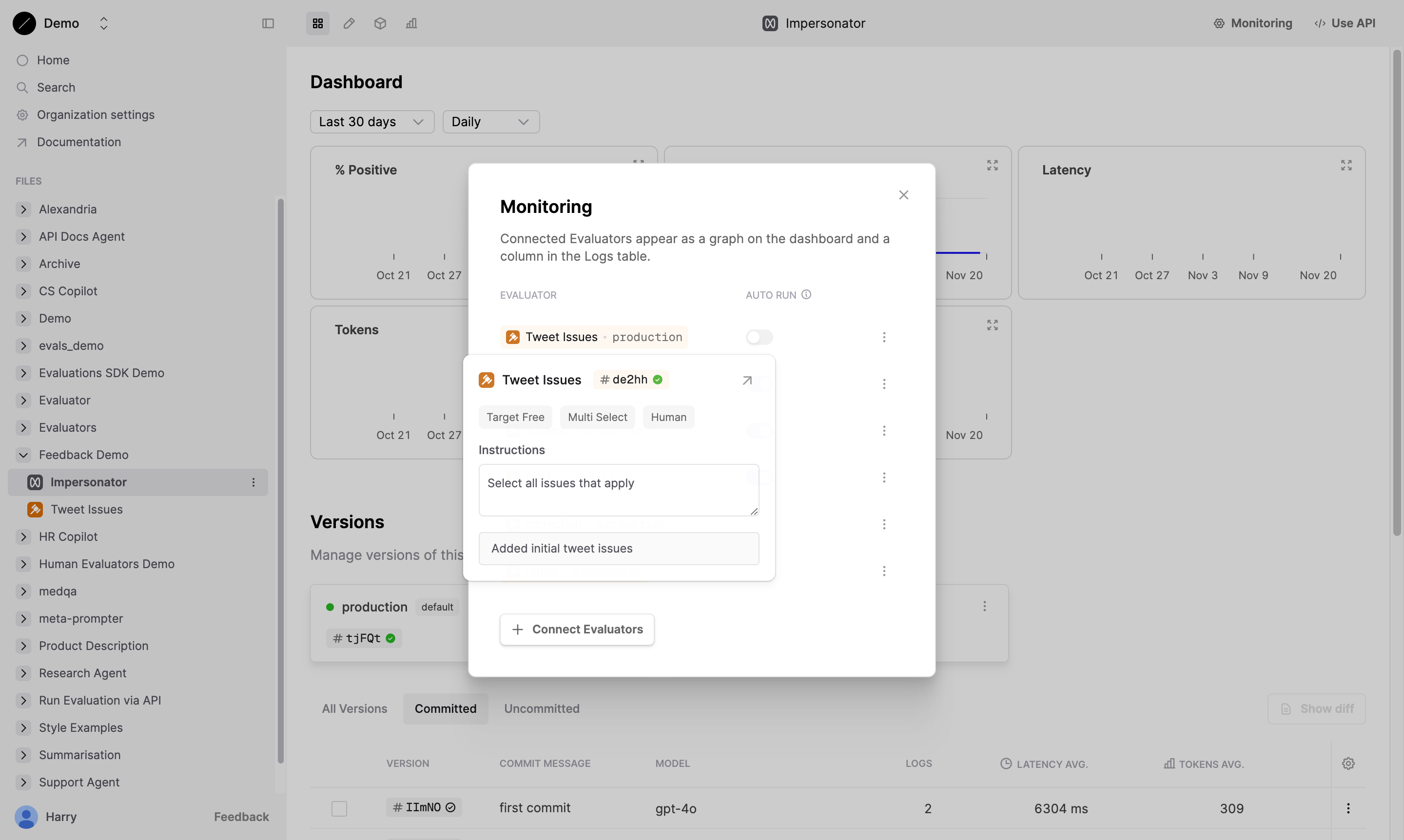 Monitoring dialog showing the "Tweet Issues" Evaluator attached to the Prompt